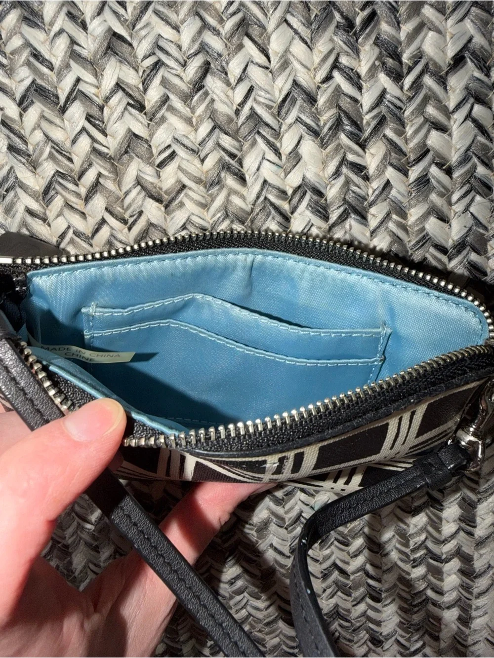 Coach Black & White Plaid Corner Zip Wristlet Wallet